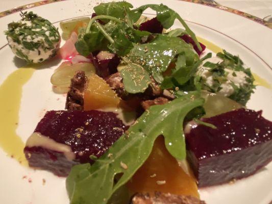 Roasted golden and red beet salad with goat cheese