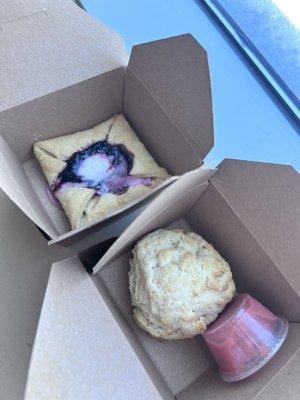 Blueberry tart and scone with strawberry curd