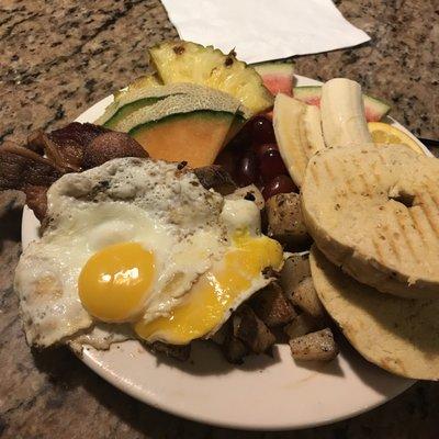 Breakfast platter with fruit and everything bagel. It was a lot of food.