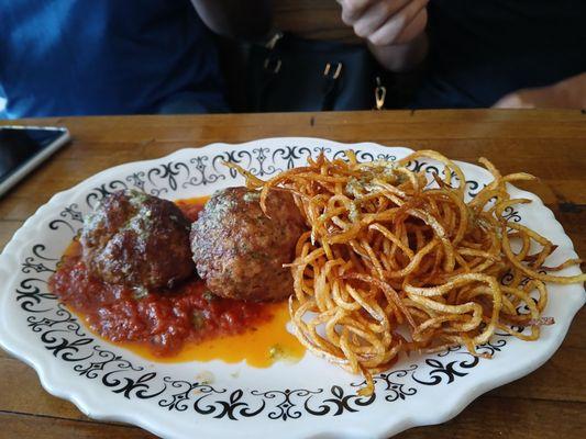 The most tender meatballs and shoestring potatoes appetizer.   Absolutely delicious