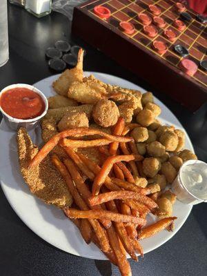 Catfish and butterfly shrimp platter with okra and sweet potato fries. Yum!!!