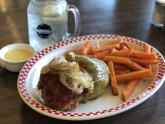 Dinner special stuffed peppers and seeet potato fries. Delish!