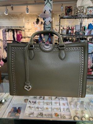 Brighton Jaxon Tote in Olive. Luggage Grade Italian Leather. Silver Plated Hardware.