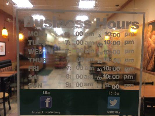 The hours of operations at The Subway at 29th & Roberts.