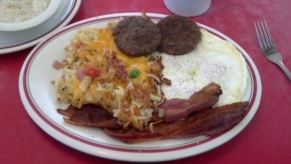 Smoke house breakfast.  Grits and toast out of the shot.