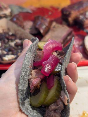 Who needs white bread when you have blue corn tortillas?! Taco made from the fixings and brisket.