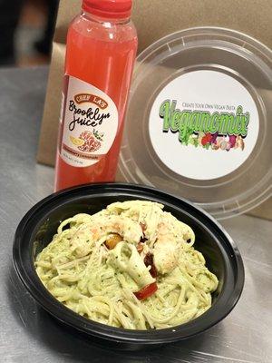 Veganomix Combo Meal includes:  Your Vegan Pasta Creations, Vegan Dessert Choice, Pretzel Stick, Beverage