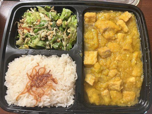 Veggie plate lunch special - pumpkin curry, coconut rice and tea leaf salad