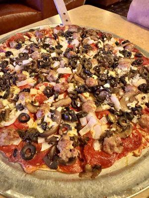 Cheese, sausage, pepperoni, onion, mushroom, black olive