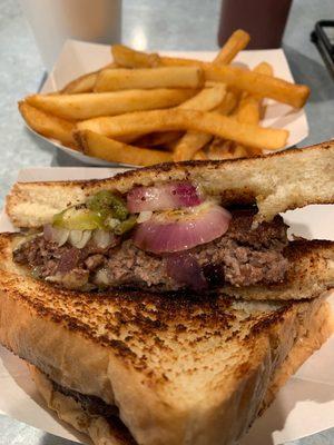 Patty melt, add grilled jalapeños, spicy fries. Let's eat!