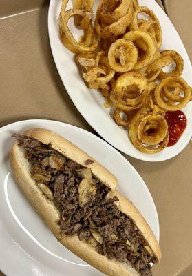 Steak and Cheese Sub with mushrooms and Fresh Onion Rings