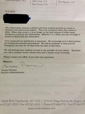 Termination of service received after informing Theresa Pittman of my intent to report the clinic to state optometry board.