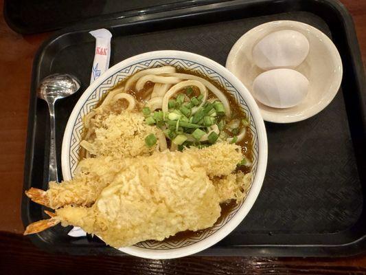 Curry udon with tempura shrimp and sweet potato