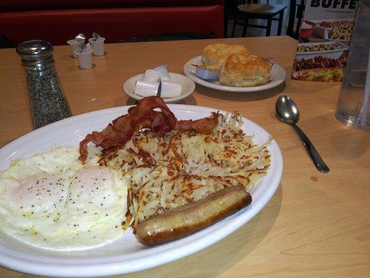 $9
 Eggs, sausage,bacon, taters, biscuits.