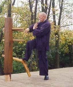 Moy Yat training the wooden dummy.