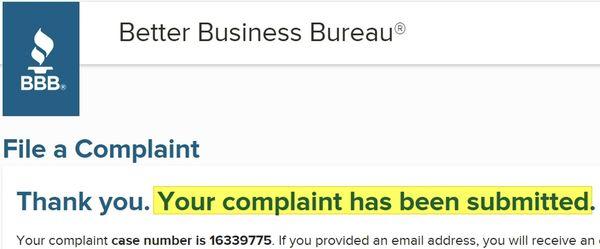 Better Business Bureau Complaint