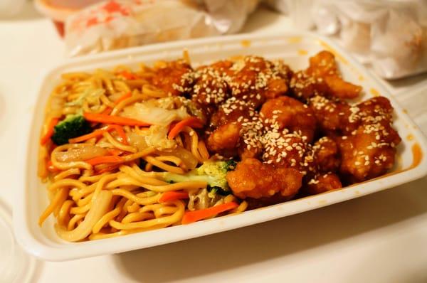 Sesame Chicken over Vegetable Lo Mein