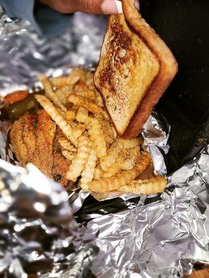 2 piece fried catfish, w fries, Texas Toast and a Jalapeno