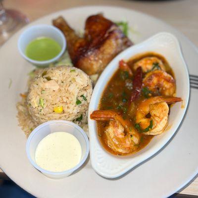 Shrimp Diablo, quarter chicken, and chaufa rice lunch special