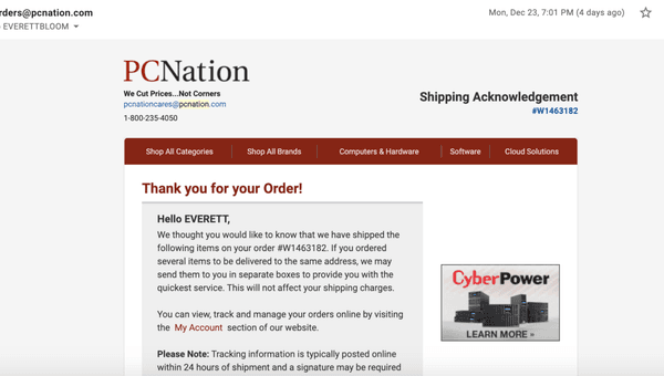 Email on Monday confirming order and saying tracking information will be sent in 24 hours. Did not receive # until Fri. after I reached out