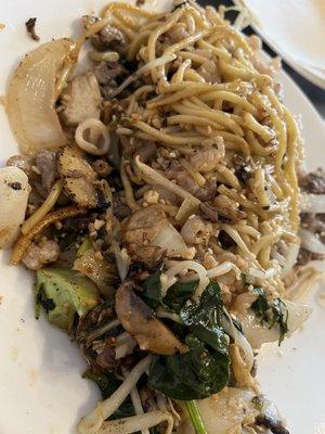 Shrimp, squid, beef, broccoli, spinach, onions, mushrooms, etc