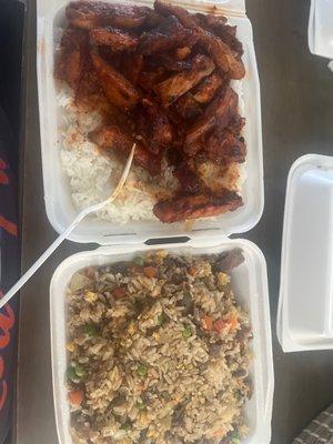 Spicy chicken teriyaki and beef fried rice