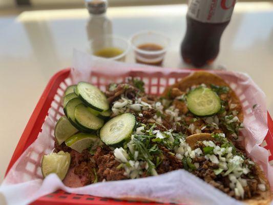 Chorizo, carne asada, chicken and carnitas tacos.