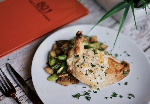 Frenched Chicken Breast - sunchokes & asparagus with dijon cream sauce