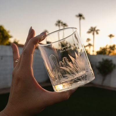 Desert themed whiskey glasses personalized with names and a date or location