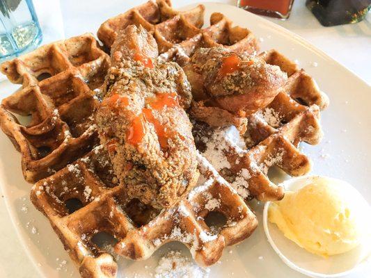 Sweet potato waffle, two drumsticks, peach schmear