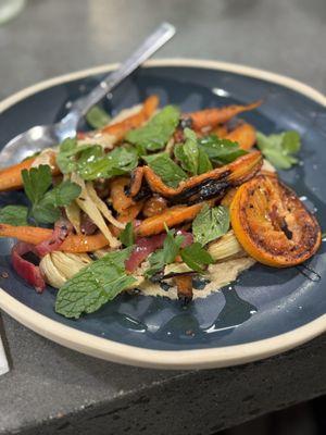 Hana acre farm roasted carrots, twin peaks orchard blood oranges, fennel, maple, tahini. DELICIOUS!