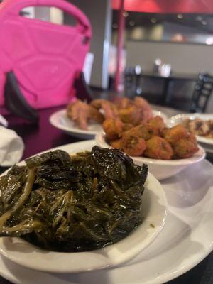 Collard greens, fried okra and chicken wings