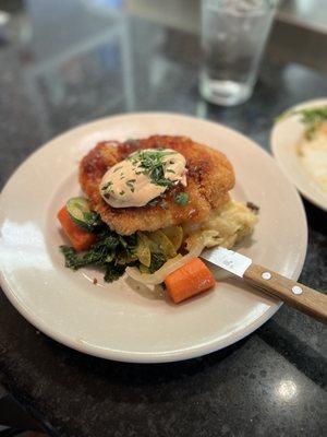 "Brentosaurus" chicken - breaded with bread crumbs and parmesan cheese topped with a spicy aioli and topped on mashed potatoes.