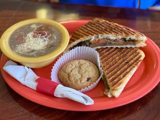 Eggplant panini with a side of soup and cookie