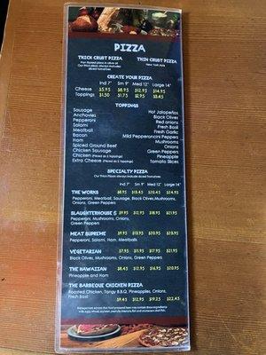 Pizza menu