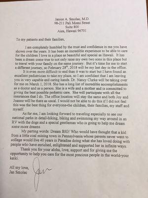 Dr. Smolec's retirement letter and announcement of her replacement.