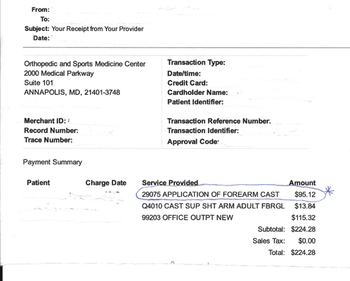 Bill from Ortho doc, $95.12 to apply plaster cast for approx. 1 hour. Shows what a rip-off  $65 charge ExpressCare to apply velcro splint