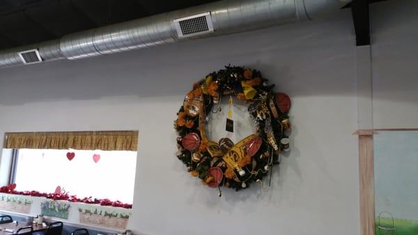 A wreath with a local college sports theme, very clever