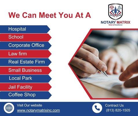 We can come to you anywhere, any time, and location.....We got You Covered.
 
 All things Notary! Reliable  Fast Professional MOBILE NOTARY