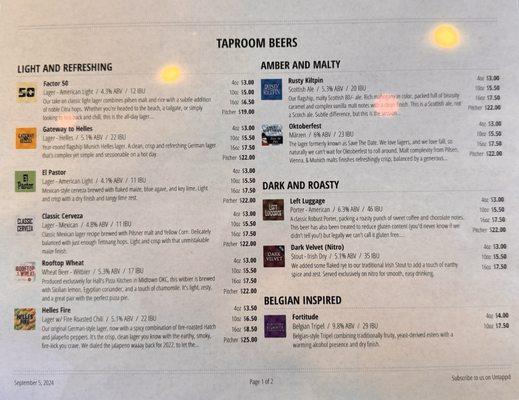 Beer Menu. The offerings change from time to time.