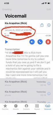 Voicemail Rick left threatening to put a lien against my car. (He messed up the billing and got mad I wouldn't come out of pocket)