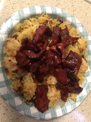 Boneless spareribs tips over pork fried rice with shrimp...