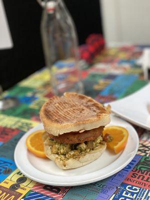 Housemade sausage and tofu pesto scramble