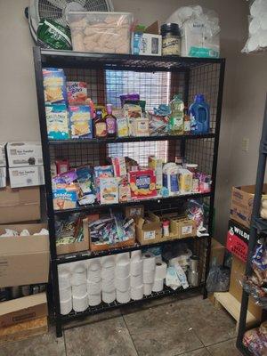 This is the snack section of our food pantry and as you can see we also have toilet paper