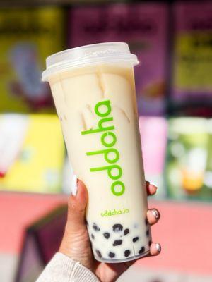 Jasmine Green Milk Tea with boba. Less sweet