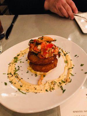 "Tomato" (stack of fried green tomatoes topped with generous pieces of lobster)