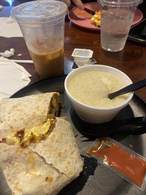 B&B Burrito w/ side of grits and a cold brew