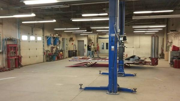 Shop interior, hoist and frame rack