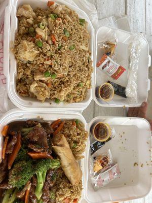 Chicken fried rice and beef and broccoli