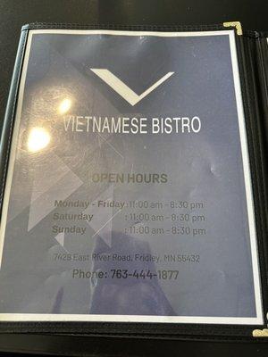 Vietnamese Bistro Menu front cover.